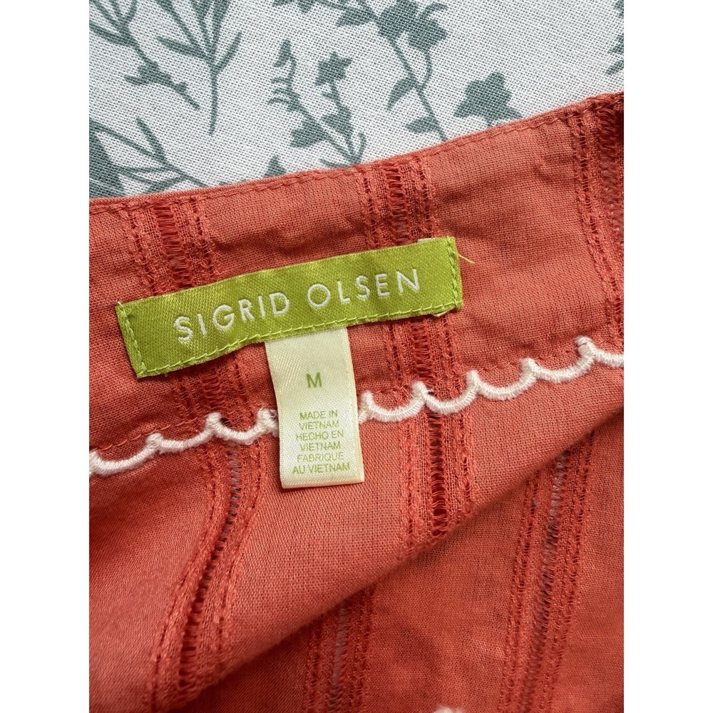 Sigrid Olsen Coral Embroidered Cotton Peasant Boho Top Medium Tunic Tee - Picture 7 of 10